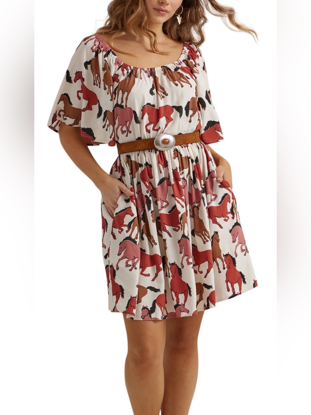 Wrangler Retro Horse Print Off The Shoulder Flutter Sleeve Dress Equestrian